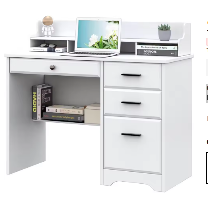 Computer Desk with Storage Drawers and Hutch, 44 Inch Home Office Desks with 4 Drawers & Monitor Stand for Small Space