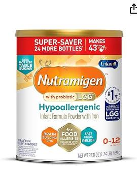 Enfamil Nutramigen Hypoallergenic Baby Formula with Iron, Lactose Free, Colic Relief from Cow's Milk Allergy Starts in 24 Hours, Brain Building DHA, Probiotic LGG for Immune Support, 27.8 Oz Can