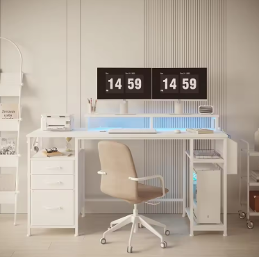 55 Inch Home Office Desk with Monitor Stand, Bedroom Writing Study Game Desk with LED Lights and Power Sockets