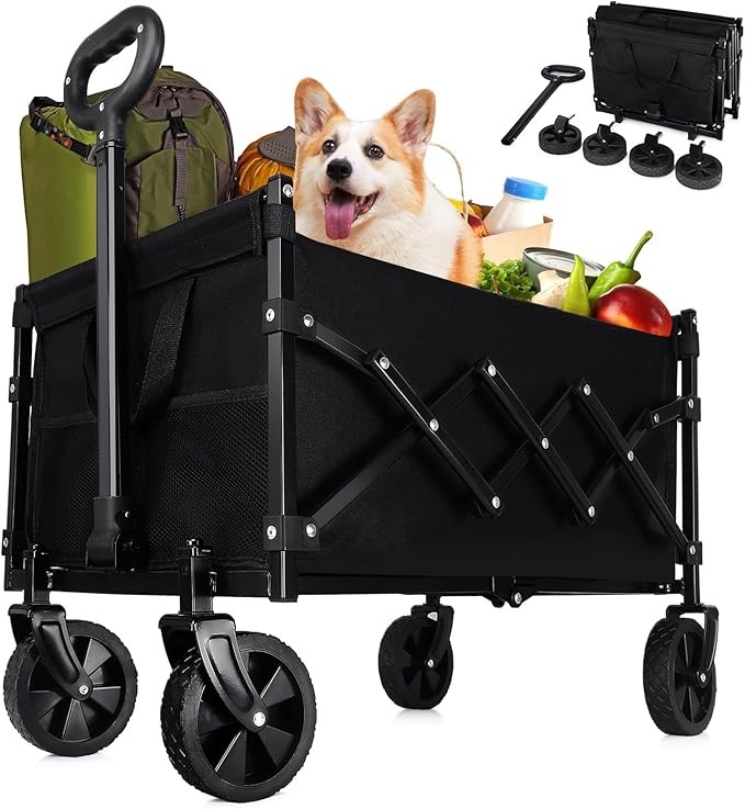 Collapsible Wagon Cart with 360lbs Weight Capacity, Lightweight Portable Foldable Wagon Cart with Wheels, Large Capacity Utility Wagon for Garden, Sports, Shopping, Grocery, Camping