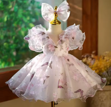 New Flower Girl Dresses For Weddings Kids Bow Design Fairy Princess Ball Gown Children Birthday Party Clothes Baby Baptism