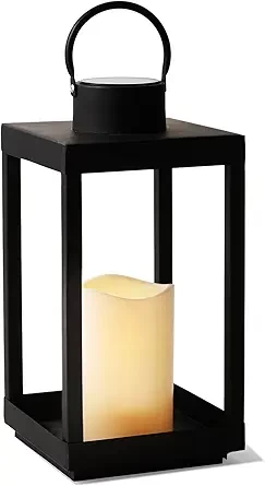 LampLust Outdoor Lanterns for Porch, 14" Solar Lantern Outdoor, Black Metal (No Glass), Large Lanterns Decorative with Waterproof LED Candle, Modern Farmhouse Patio Front Porch Decor