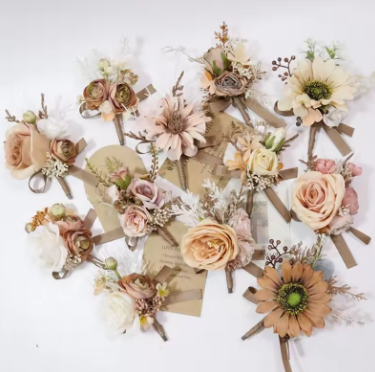 Vintage Coffee Artifical Boutonnieres Wrist Corsage Flowers for Groomsman Wedding Party Bridesmaid Marriage Accessories