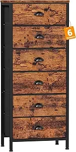 Furnulem Tall Dresser with 6 Drawers,Vertical End Table and Nightstand for Bedroom,Industrial Dorm Bedside Furniture with Fabric Storage Drawer Organizer in Living Room,Closet,Entryway(Rustic Brown)