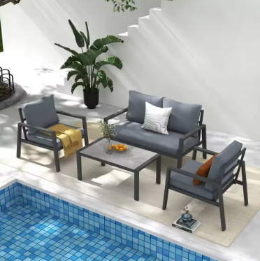 4-Piece Aluminum Outdoor Patio Furniture, Patio Conversation Sofa Set with Removable Cushions, Tempered Glass Top Coffee Table